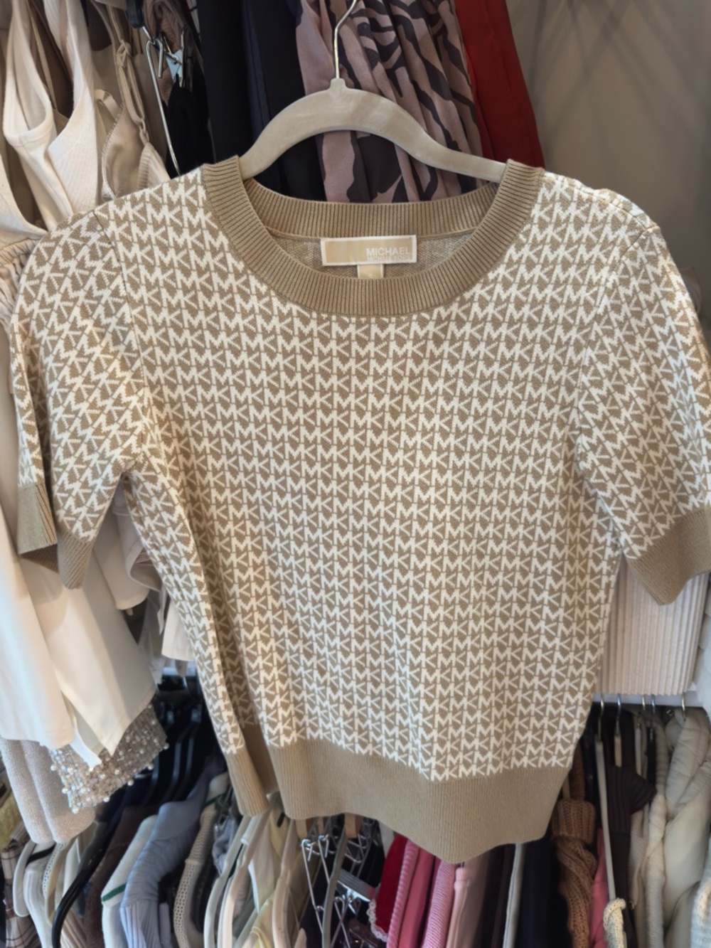 Michael Kors Tan & Cream MK Logo Knit Tee